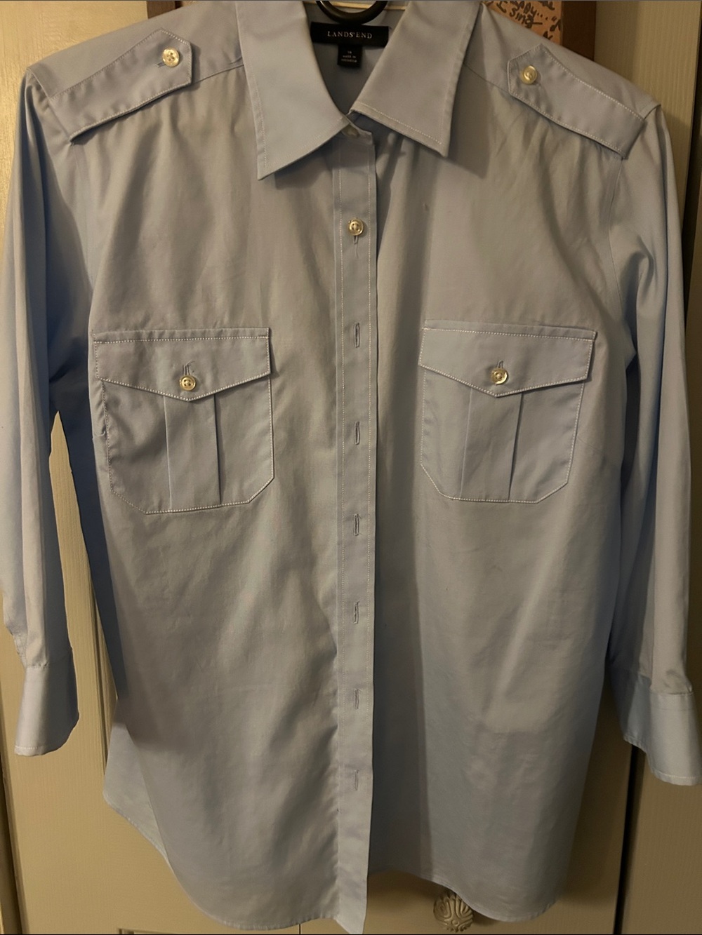 Lands' End Women’s Light Blue Utility Button-Front Shirt sz 14